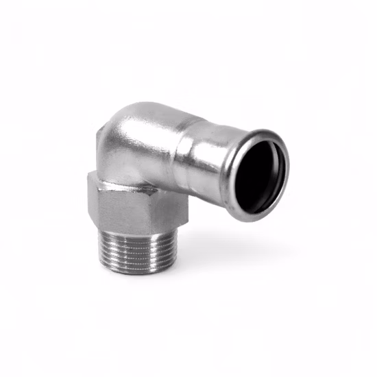 Acessórios para tubos de ferro de aço inoxidável de boa qualidade, compressão de aço carbono, encaixe por prensa de tubo, perfil de aço inoxidável 304 MV, prensa de tubo de cotovelo de 90 graus